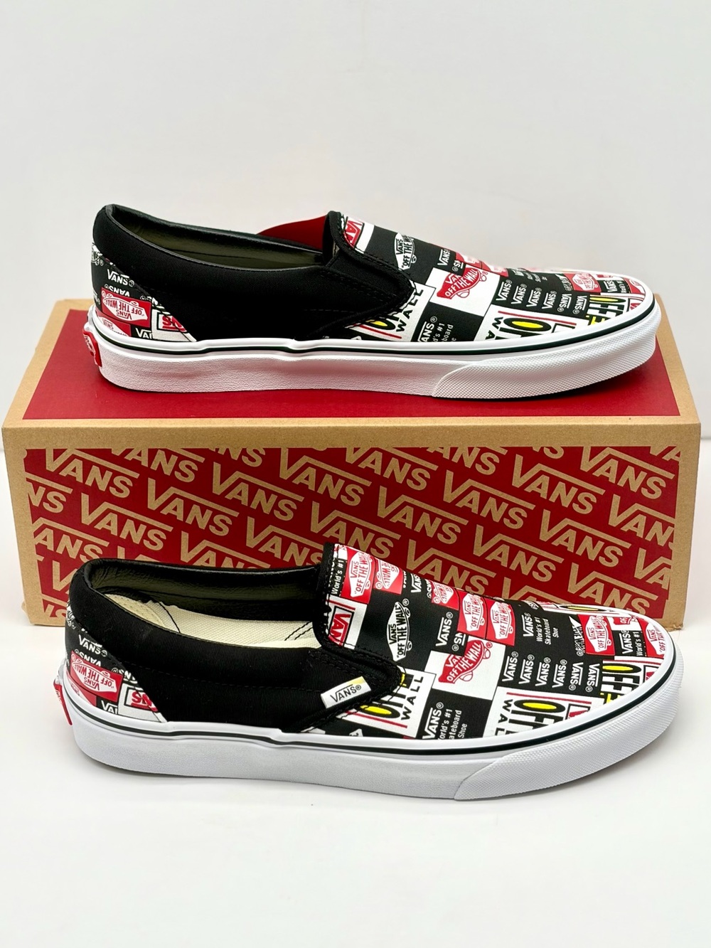 Vans Slip-On Sneakers in Black White and Red Sticker Print Unisex